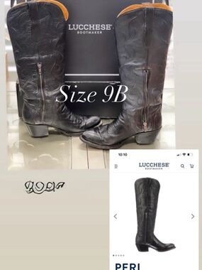 Lucchese Black Leather Knee-High Zip Western Boots